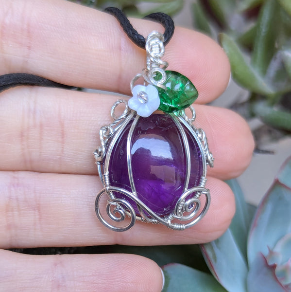 Amethyst Pumpkin Carriage Wire Wrapped Sterling Silver Pendant