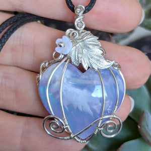 Plume Agate Heart Pumpkin Carriage Wire Wrapped Sterling Silver Pendant