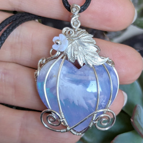 Plume Agate Heart Pumpkin Carriage Wire Wrapped Sterling Silver Pendant