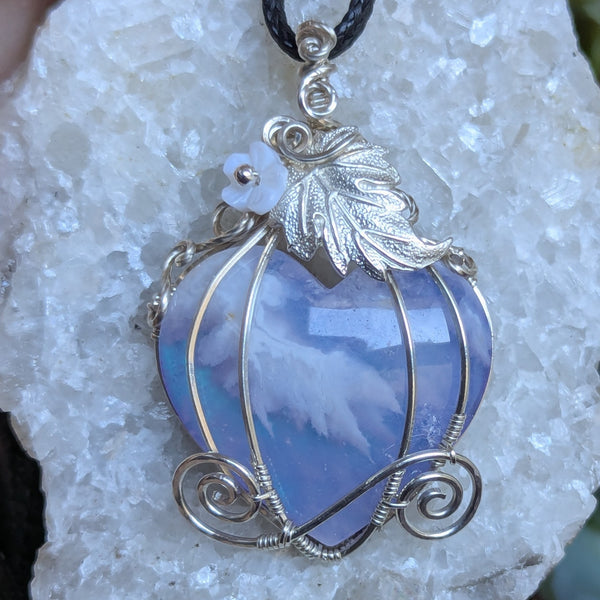 Plume Agate Heart Pumpkin Carriage Wire Wrapped Sterling Silver Pendant