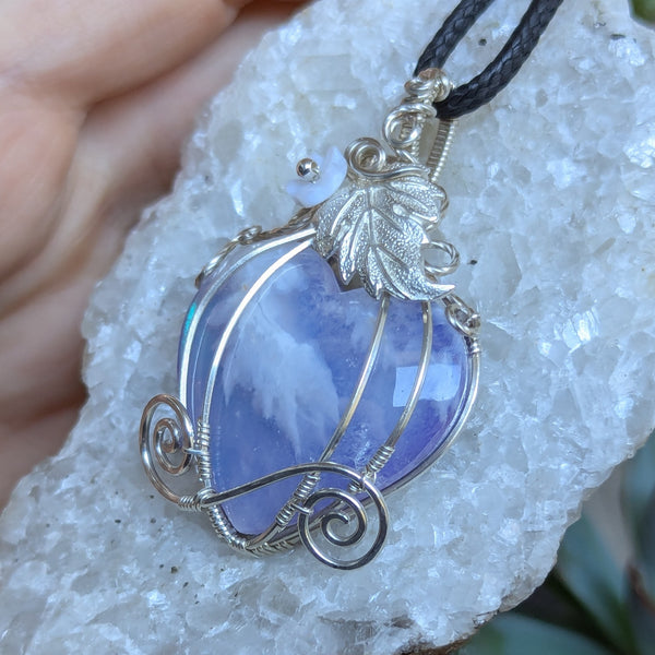 Plume Agate Heart Pumpkin Carriage Wire Wrapped Sterling Silver Pendant