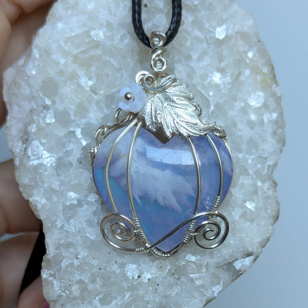 Plume Agate Heart Pumpkin Carriage Wire Wrapped Sterling Silver Pendant