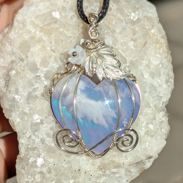 Plume Agate Heart Pumpkin Carriage Wire Wrapped Sterling Silver Pendant