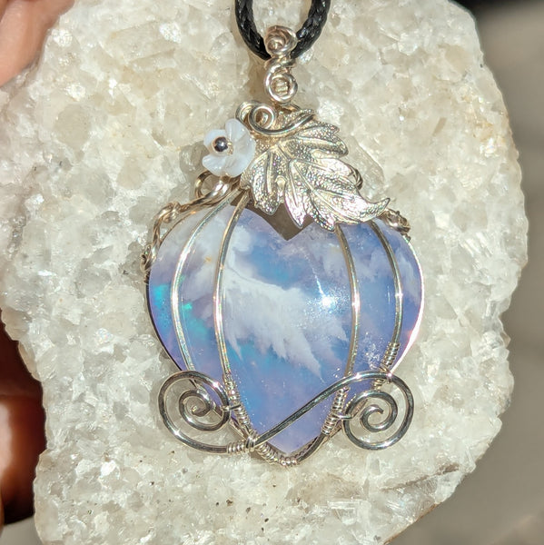 Plume Agate Heart Pumpkin Carriage Wire Wrapped Sterling Silver Pendant