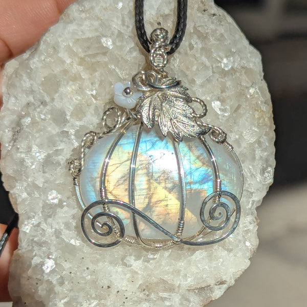 Rainbow Moonstone Pumpkin Carriage Wire Wrapped Sterling Silver Pendant
