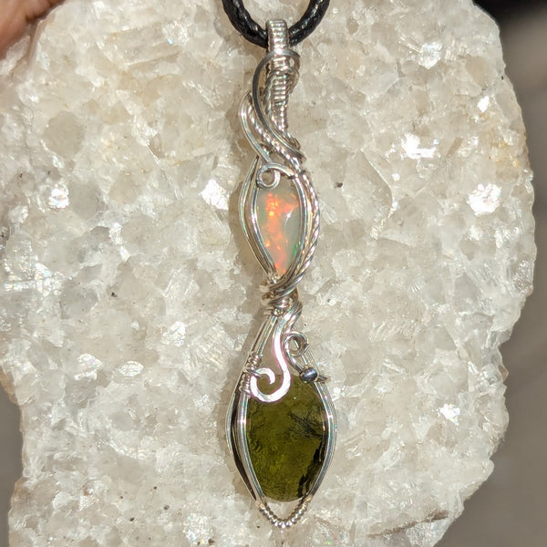 Welo Opal & Rose Cut Moldavite Wire Wrapped Sterling Silver Pendant