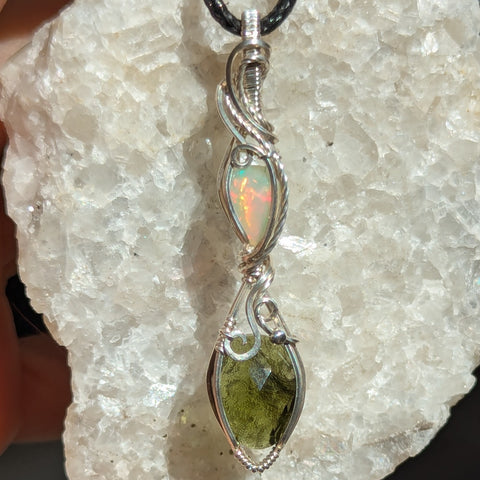 Welo Opal & Rose Cut Moldavite Wire Wrapped Sterling Silver Pendant