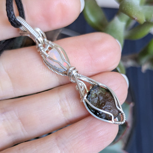 Welo Opal & Rose Cut Moldavite Wire Wrapped Sterling Silver Pendant