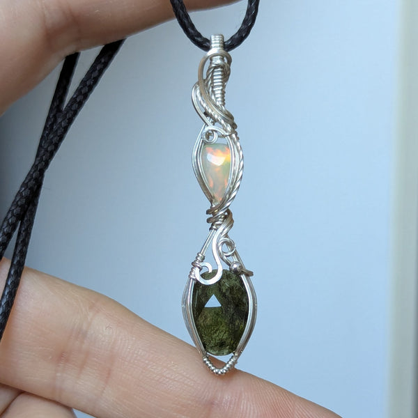 Welo Opal & Rose Cut Moldavite Wire Wrapped Sterling Silver Pendant