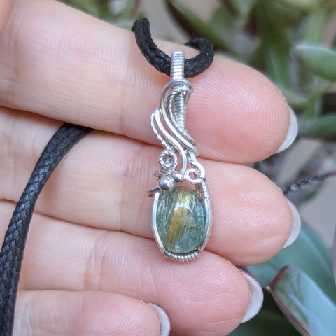 Apatite Rutile Quartz Doublet Mini Wire Wrapped Sterling Silver Pendant