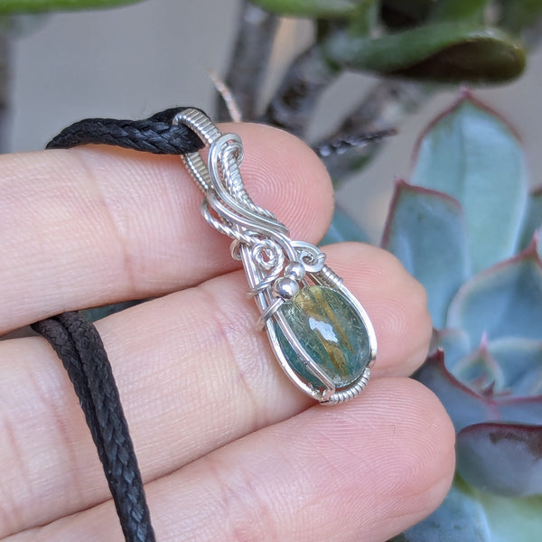 Apatite Rutile Quartz Doublet Mini Wire Wrapped Sterling Silver Pendant