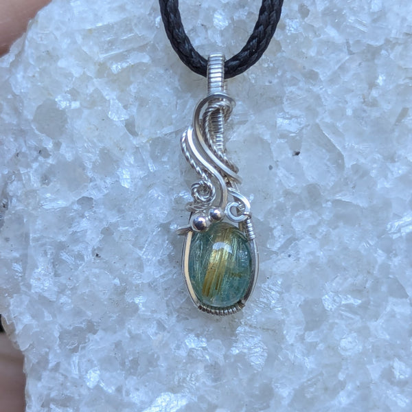 Apatite Rutile Quartz Doublet Mini Wire Wrapped Sterling Silver Pendant