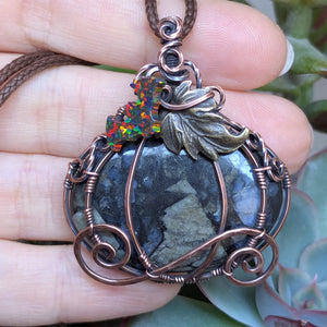 Que Sera Pumpkin Carriage & Bat Wire Wrapped Oxidized Copper Pendant