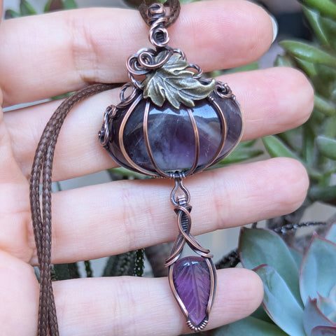 Amethyst Dangle Pumpkin Wire Wrapped Oxidized Copper Pendant