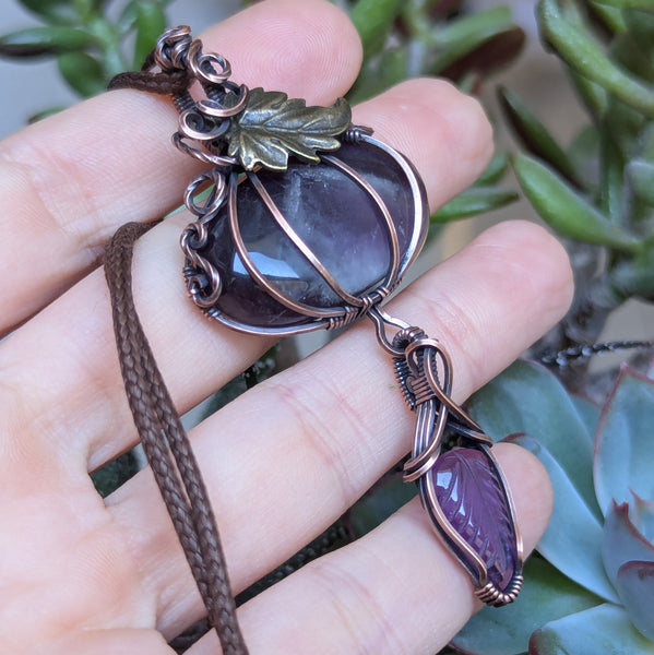 Amethyst Dangle Pumpkin Wire Wrapped Oxidized Copper Pendant