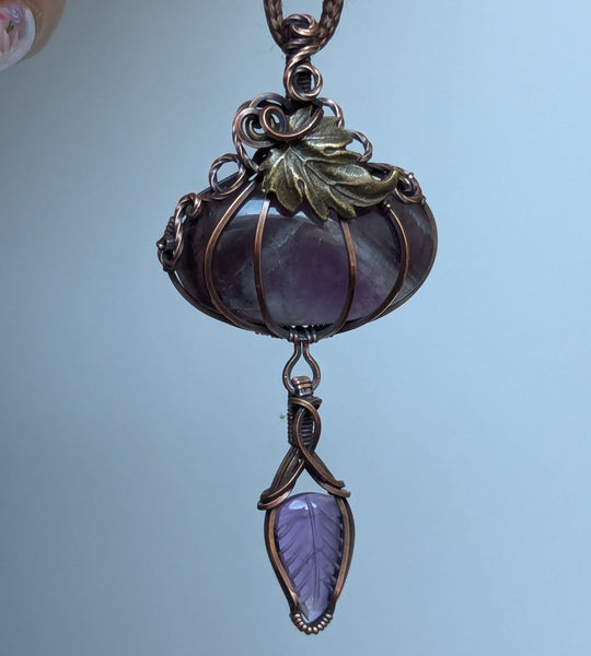 Amethyst Dangle Pumpkin Wire Wrapped Oxidized Copper Pendant