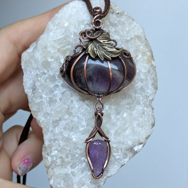 Amethyst Dangle Pumpkin Wire Wrapped Oxidized Copper Pendant