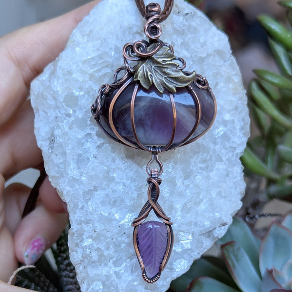 Amethyst Dangle Pumpkin Wire Wrapped Oxidized Copper Pendant