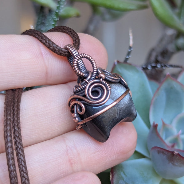 Silver Sheen Obsidian Cauldron Wire Wrapped Oxidized Copper Pendant