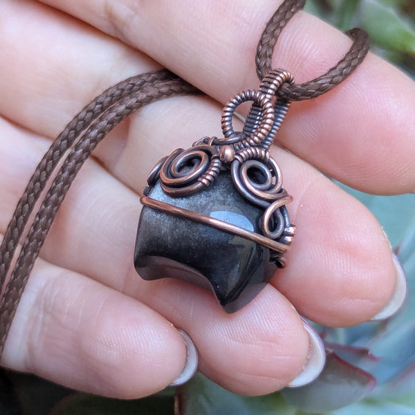 Silver Sheen Obsidian Cauldron Wire Wrapped Oxidized Copper Pendant