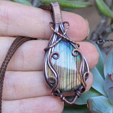 Striped Labradorite Wire Wrapped Oxidized Copper Pendant