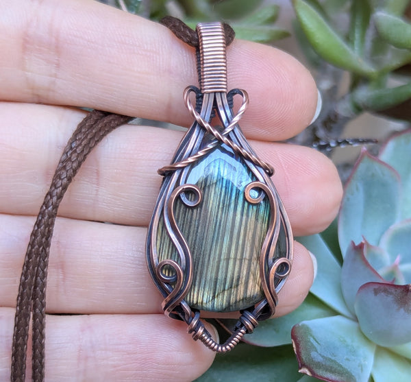 Striped Labradorite Wire Wrapped Oxidized Copper Pendant