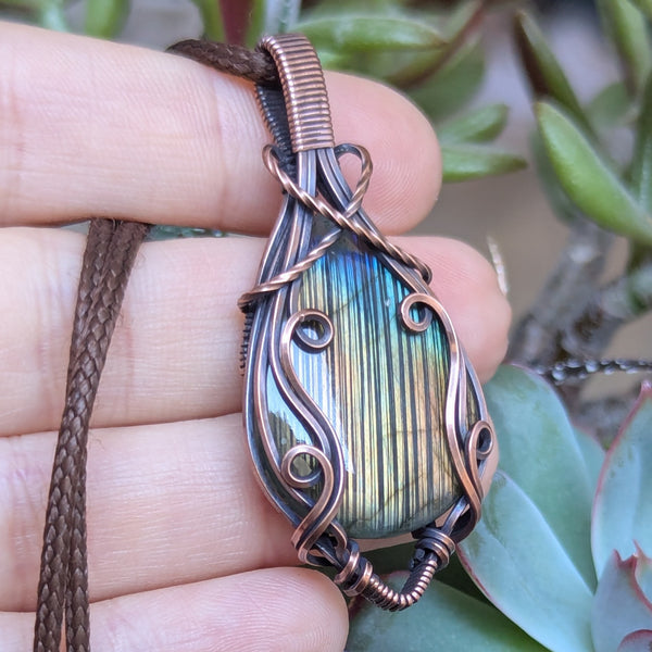 Striped Labradorite Wire Wrapped Oxidized Copper Pendant