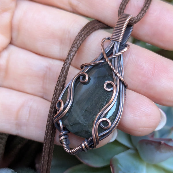 Striped Labradorite Wire Wrapped Oxidized Copper Pendant