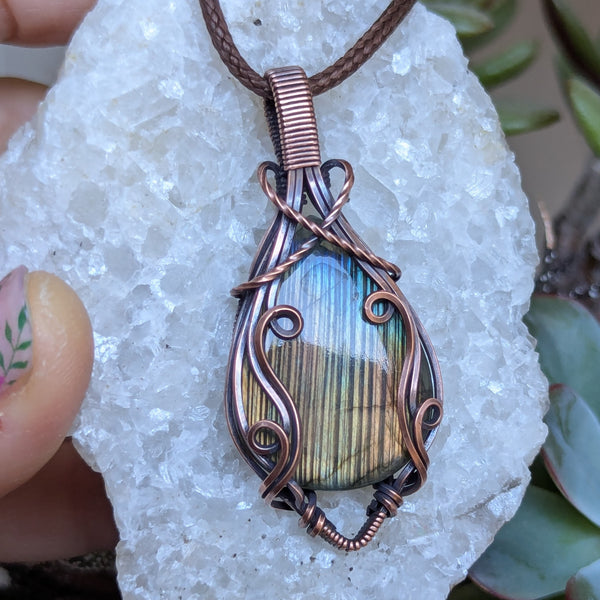 Striped Labradorite Wire Wrapped Oxidized Copper Pendant