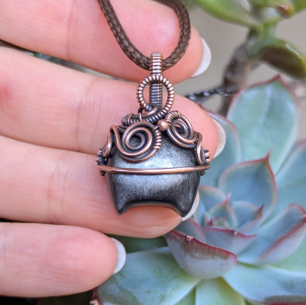 Silver Sheen Obsidian Cauldron Wire Wrapped Oxidized Copper Pendant