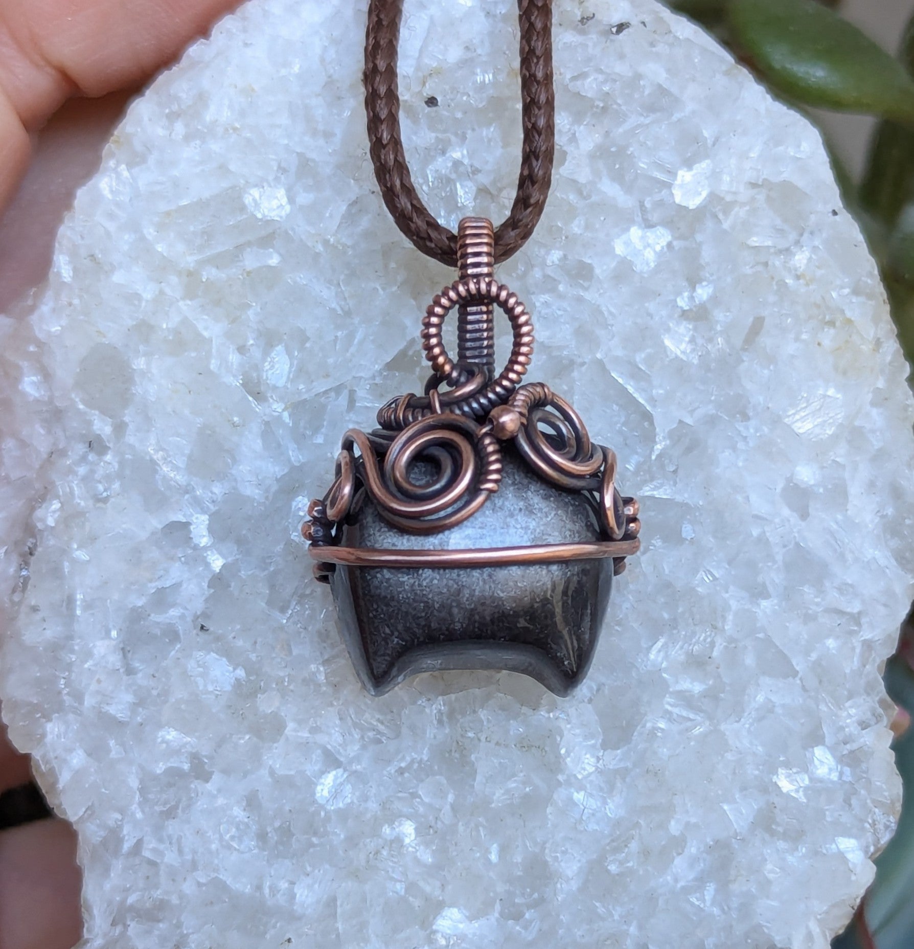 Silver Sheen Obsidian Cauldron Wire Wrapped Oxidized Copper Pendant