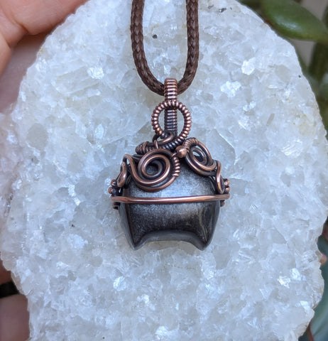 Silver Sheen Obsidian Cauldron Wire Wrapped Oxidized Copper Pendant