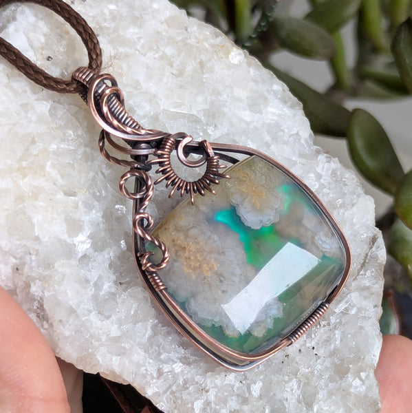 Plume Agate Doublet Wire Wrapped Oxidized Copper Pendant