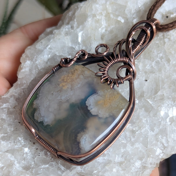 Plume Agate Doublet Wire Wrapped Oxidized Copper Pendant