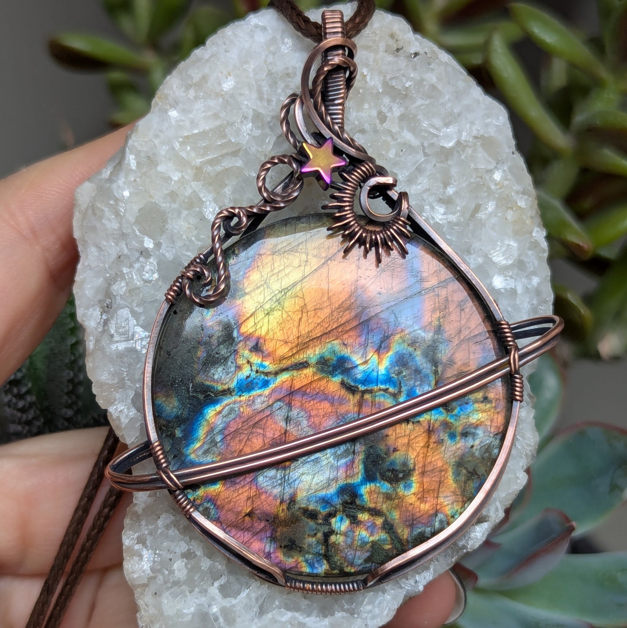 Large Labradorite Planet Wire Wrapped Oxidized Copper Pendant