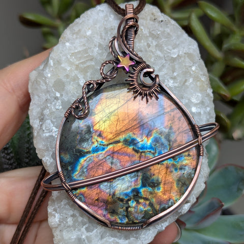 Large Labradorite Planet Wire Wrapped Oxidized Copper Pendant