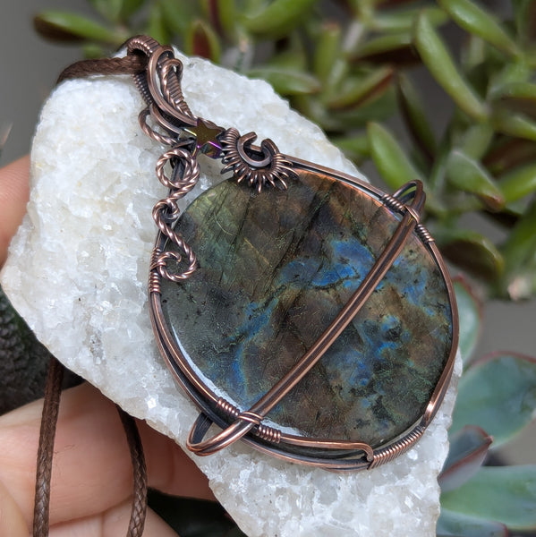 Large Labradorite Planet Wire Wrapped Oxidized Copper Pendant