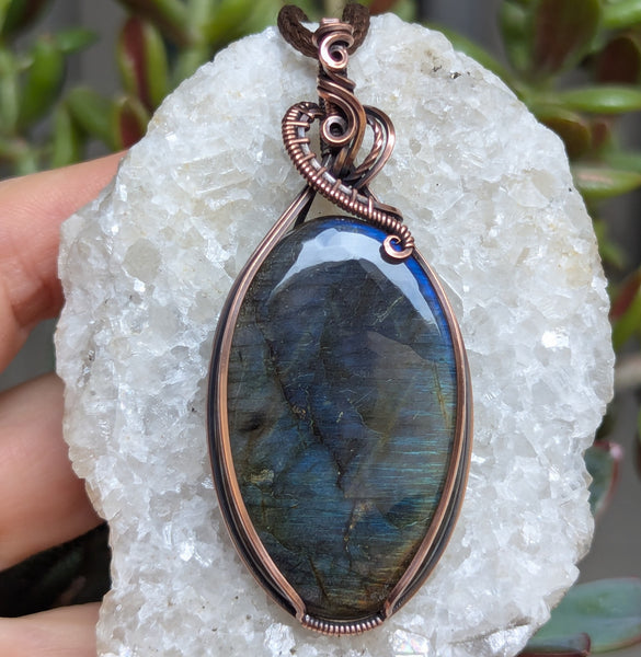 Labradorite Wire Wrapped Oxidized Copper Pendant