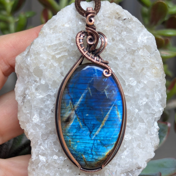 Labradorite Wire Wrapped Oxidized Copper Pendant
