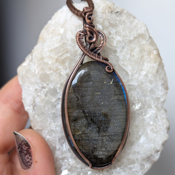 Labradorite Wire Wrapped Oxidized Copper Pendant