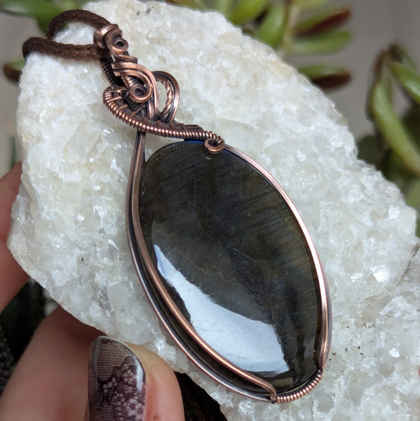 Labradorite Wire Wrapped Oxidized Copper Pendant