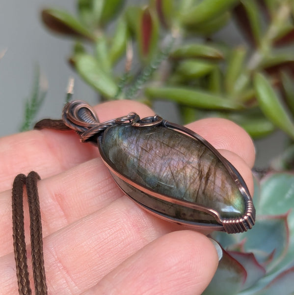 Labradorite Wire Wrapped Oxidized Copper Pendant