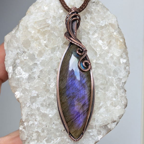 Labradorite Wire Wrapped Oxidized Copper Pendant