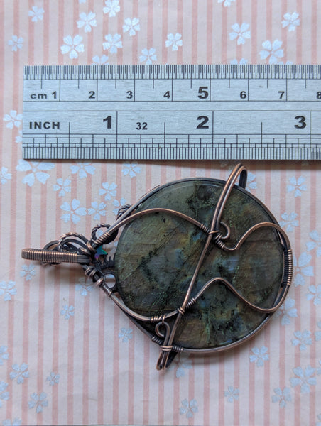 Large Labradorite Planet Wire Wrapped Oxidized Copper Pendant