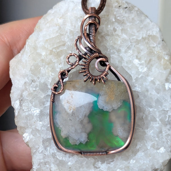 Plume Agate Doublet Wire Wrapped Oxidized Copper Pendant