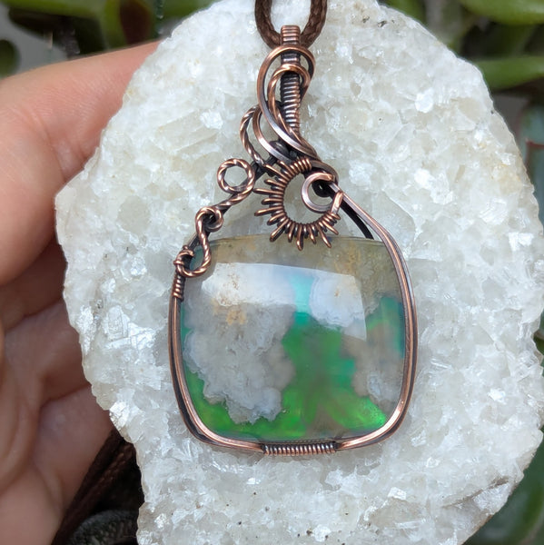Plume Agate Doublet Wire Wrapped Oxidized Copper Pendant