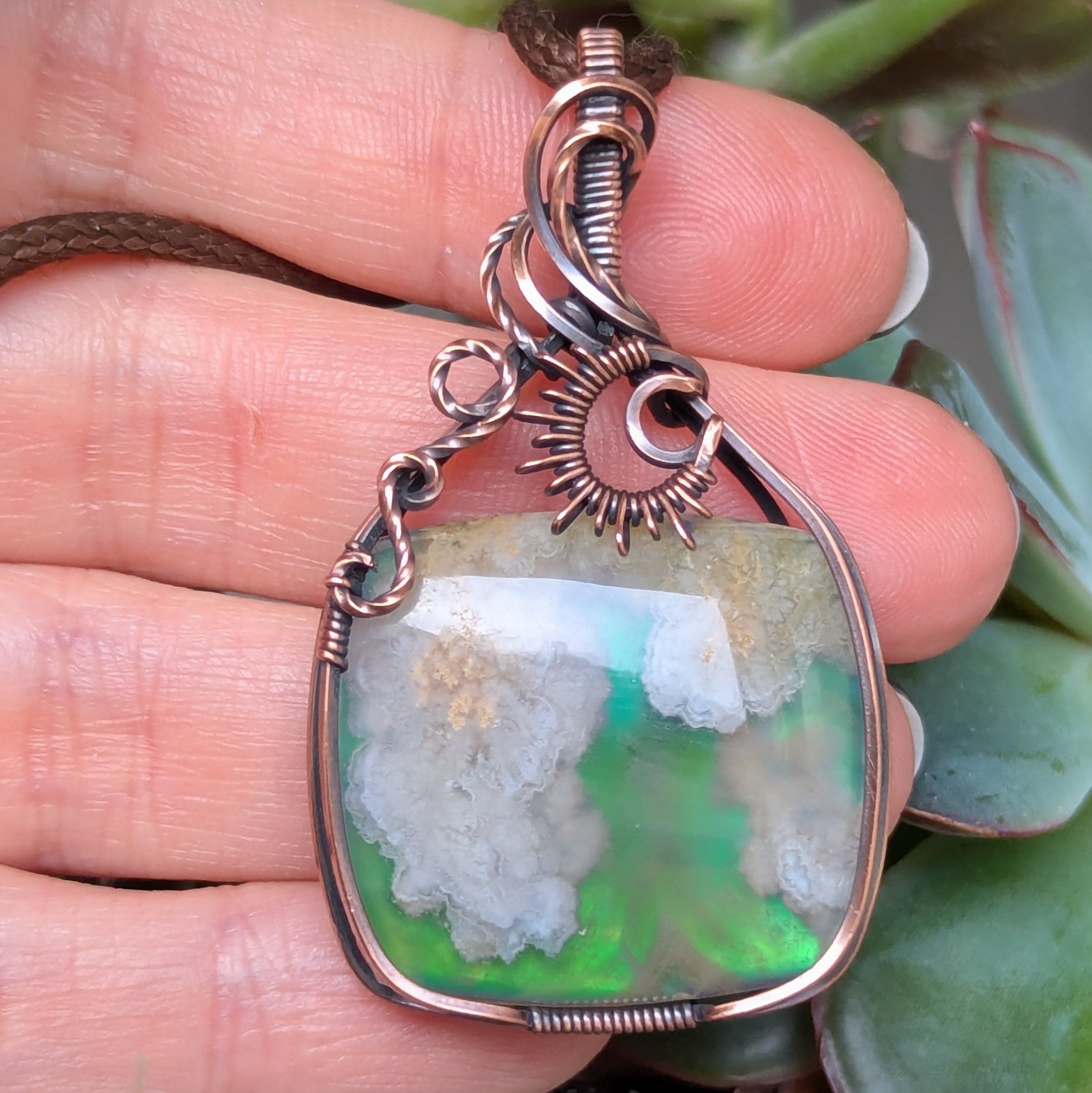 Plume Agate Doublet Wire Wrapped Oxidized Copper Pendant