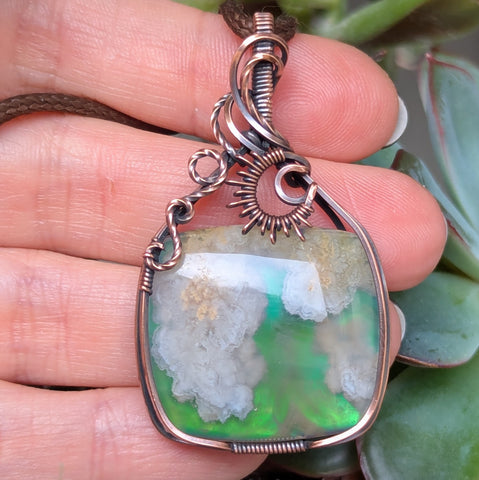 Plume Agate Doublet Wire Wrapped Oxidized Copper Pendant