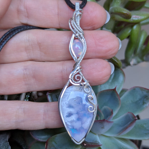 Plume Agate Doublet & Welo Opal Wire Wrapped Pendant in Sterling Silver