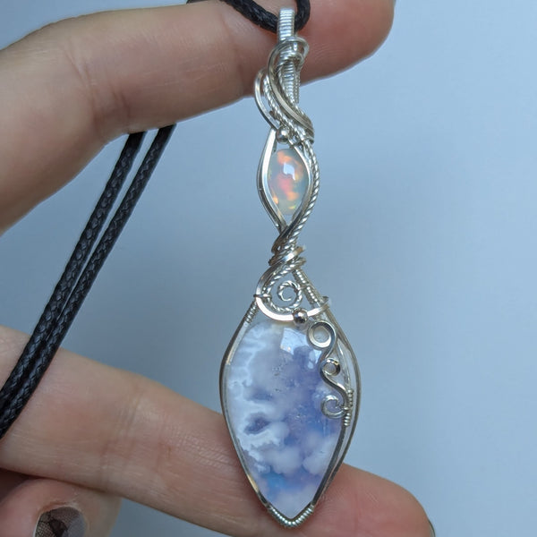 Plume Agate Doublet & Welo Opal Wire Wrapped Pendant in Sterling Silver